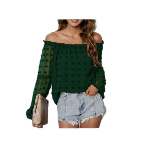 226 Women's Emerald Green Off-Shoulder Swiss Dot Blouse - Picture 1 of 3